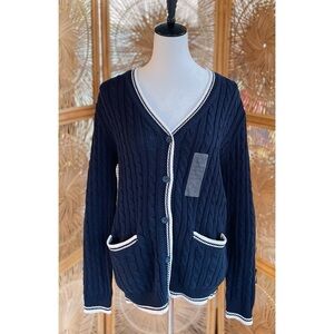 Cabin Creek Navy Blue & White Cotton Knit Ribbed V-Neck Cardigan M